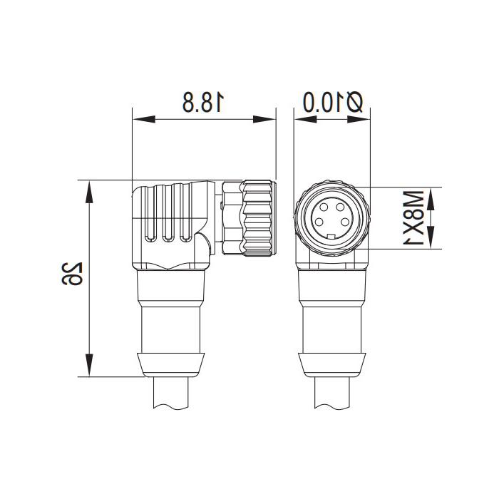 M8 4Pin, female 90°, LED light, single end precast PUR flexible cable, black sheathing, 63S161-XXX